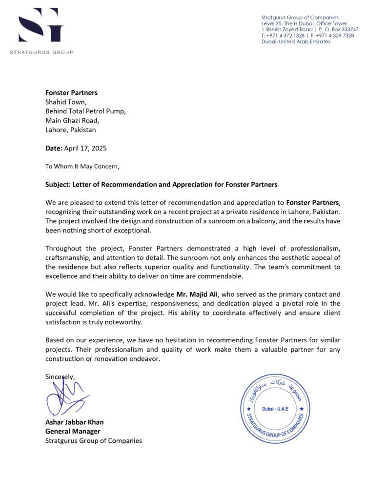 Letter of Appreciation & Recommendation for Fonster Partners